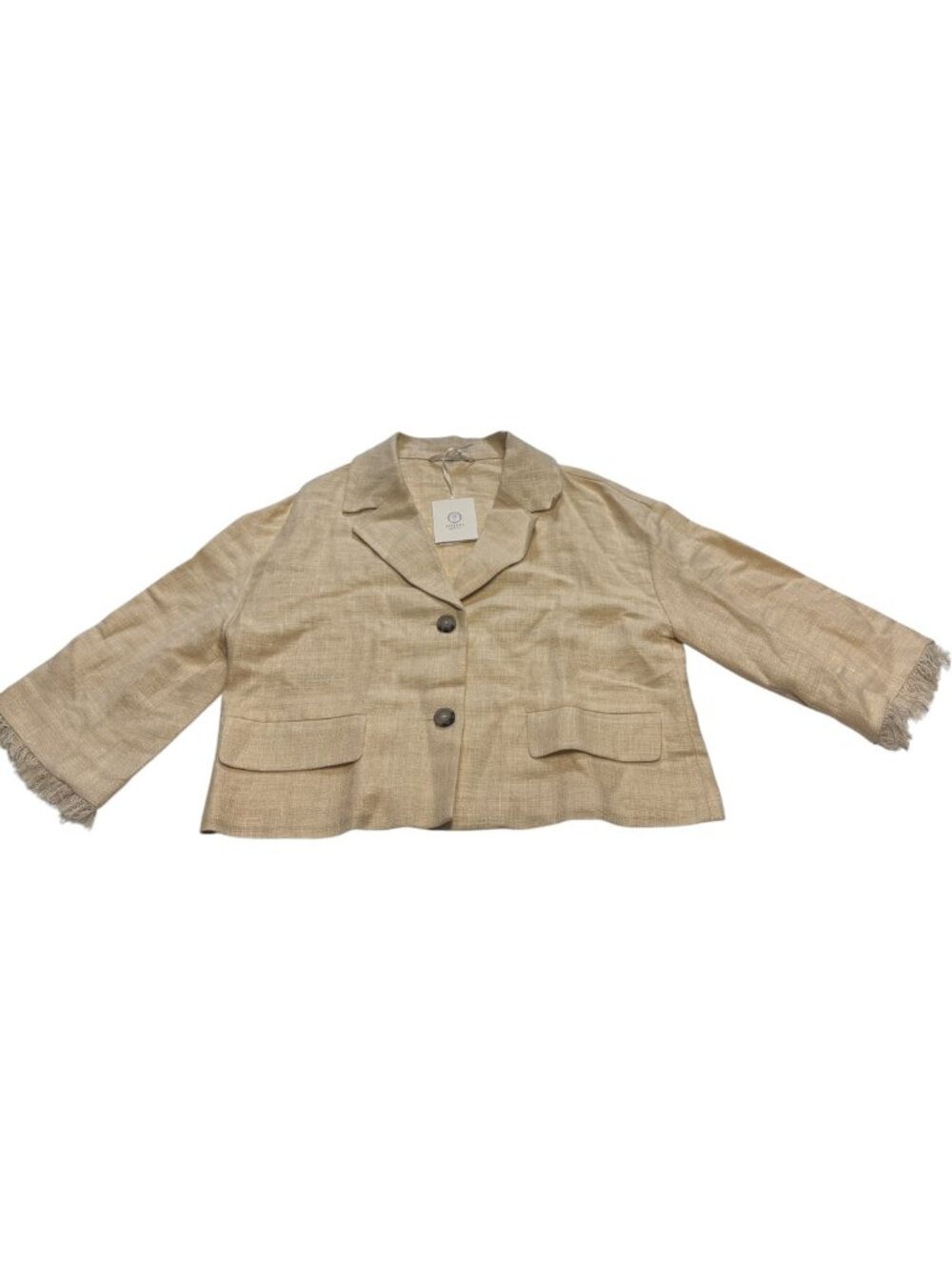 NWT Peserico Italy Linen Blend Cropped Blazer Jacket IT 48 Beige Fringe Sleeve